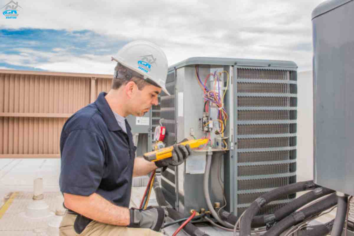 A technician is servicing an air conditioning unit using specialized tools to ensure proper functionality and efficient HVAC repair.