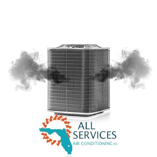 HVAC technician repairing smoking air conditioner unit