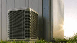 A 3-ton AC unit, a heat pump, positioned in front of a house, highlighting its functionality outside the home cooling.