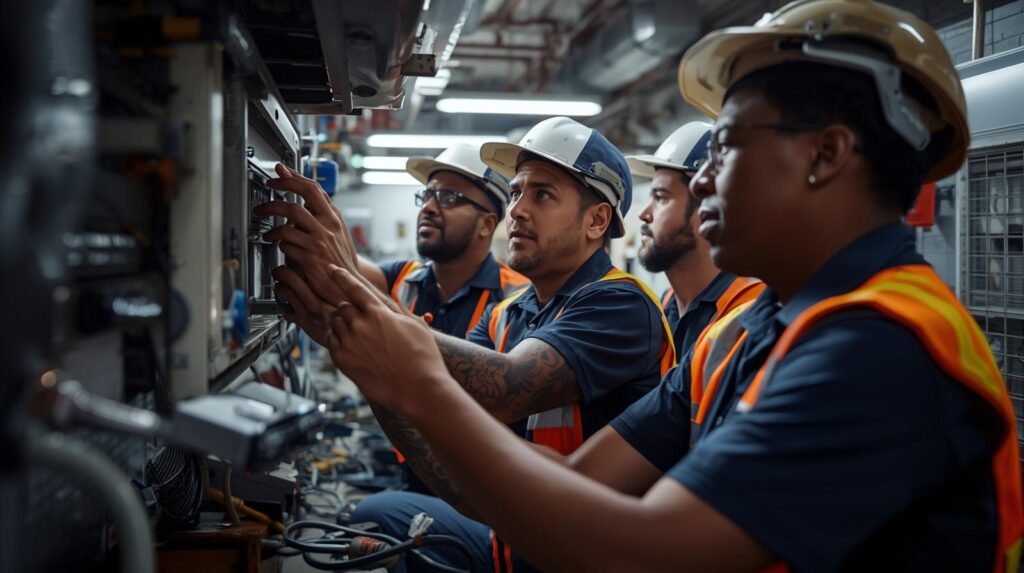 A group of men troubleshooting a frozen AC unit, focused on repairing the machine.