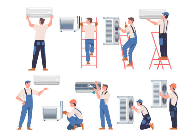 Vector illustrations of air conditioner repairmen working on installations and providing quotes for services.